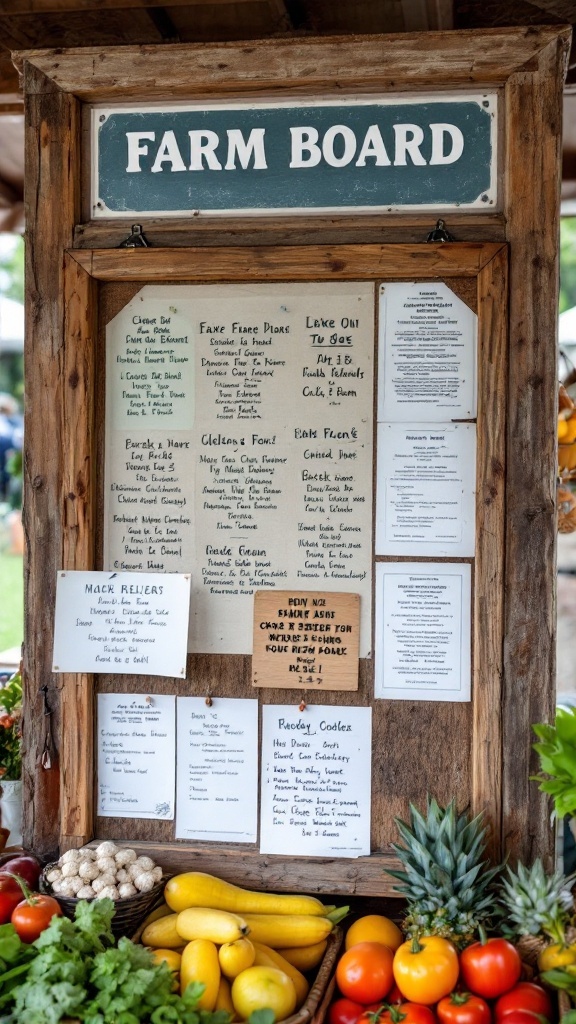 A farm notice board displaying various local announcements and offerings.