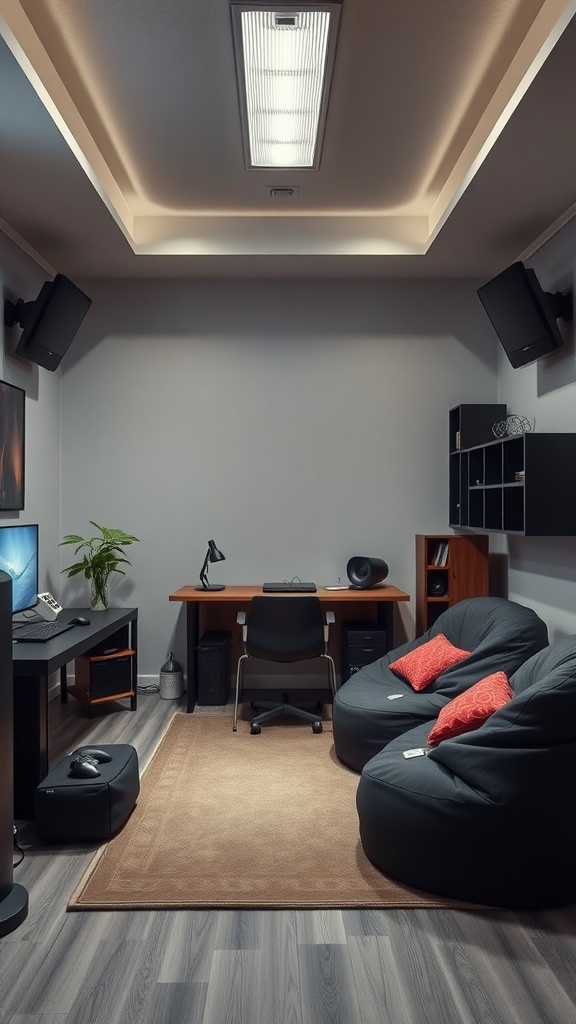 Cozy teenage boys TV gaming room featuring bean bags and a compact desk setup.