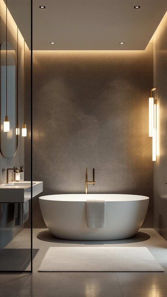 A modern wet room bathroom featuring a tub with contemporary lighting fixtures.