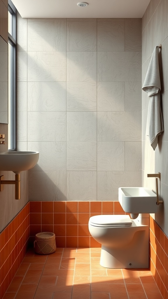 A modern bathroom featuring soft matte walls and bold terracotta tiles.