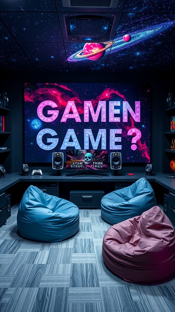 A gaming room with a cosmic theme featuring bean bags and a large screen.