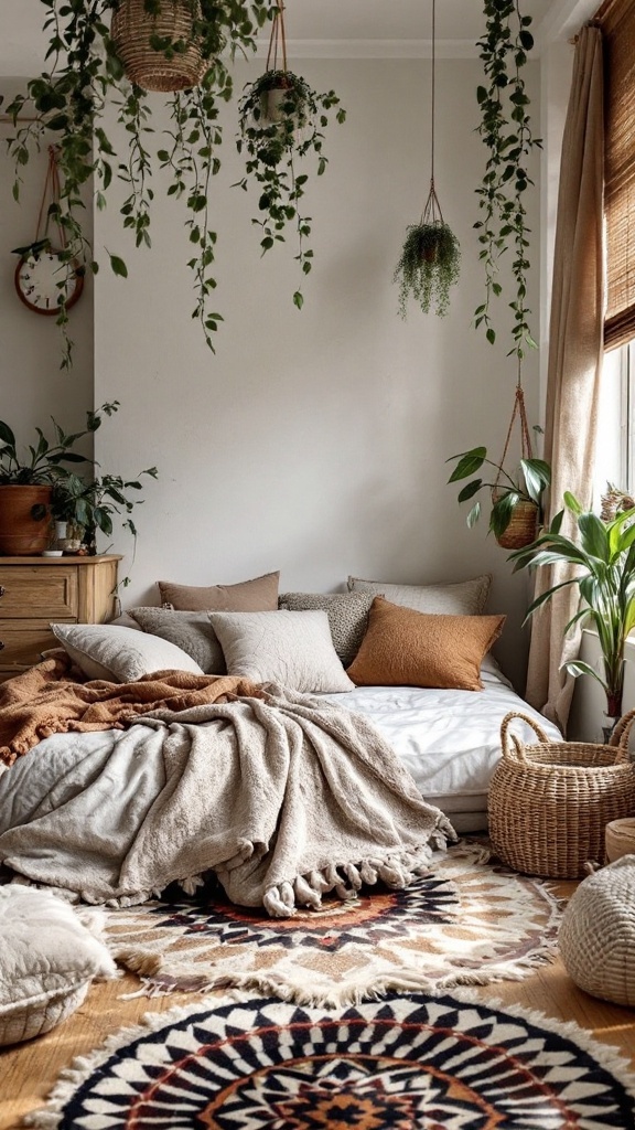 Cozy bohemian style bedroom with layered textures and plenty of plants.