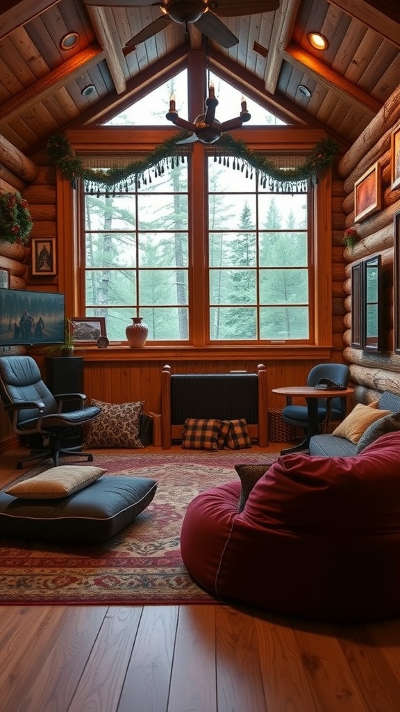 A cozy gaming room with large windows, wooden walls, bean bags, and comfortable seating.