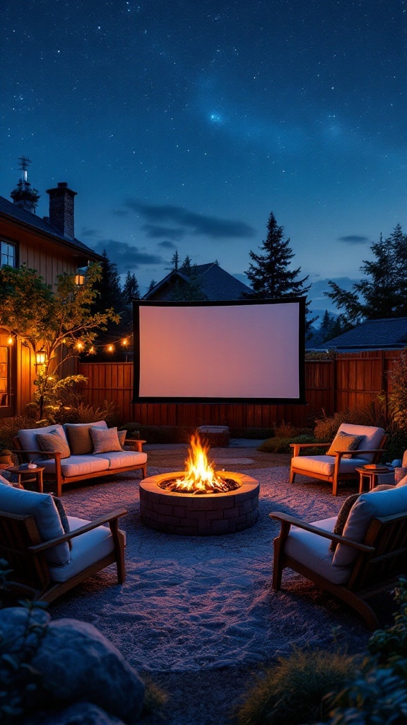 Cozy backyard setup with a fire pit and movie screen under a night sky