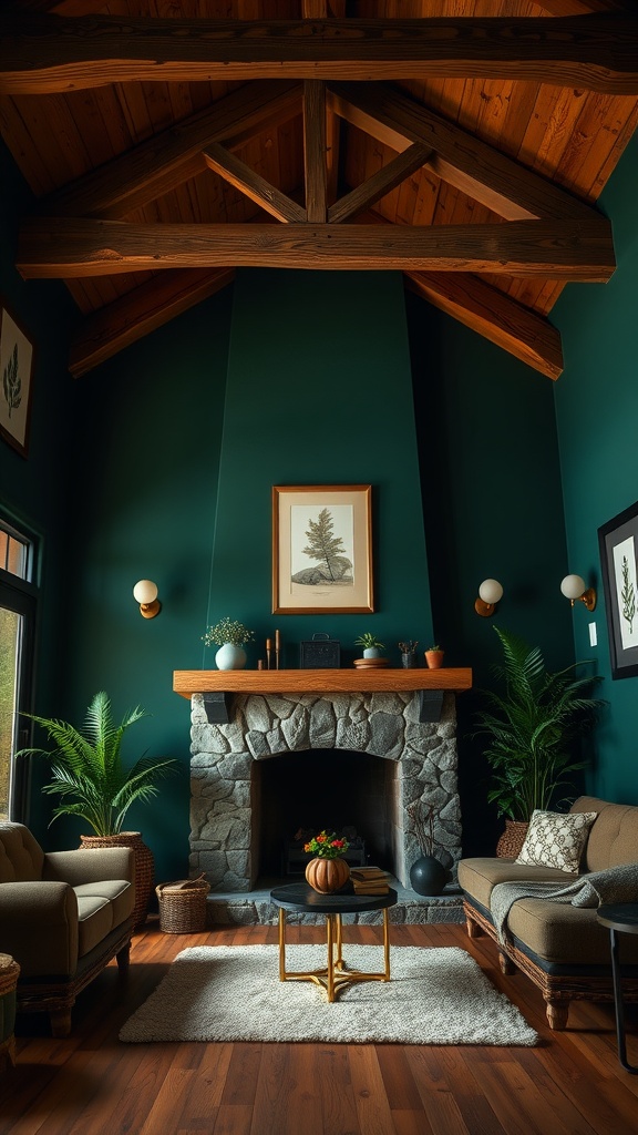 Cozy living room with dark green walls, stone fireplace, wooden beams, and comfortable seating.