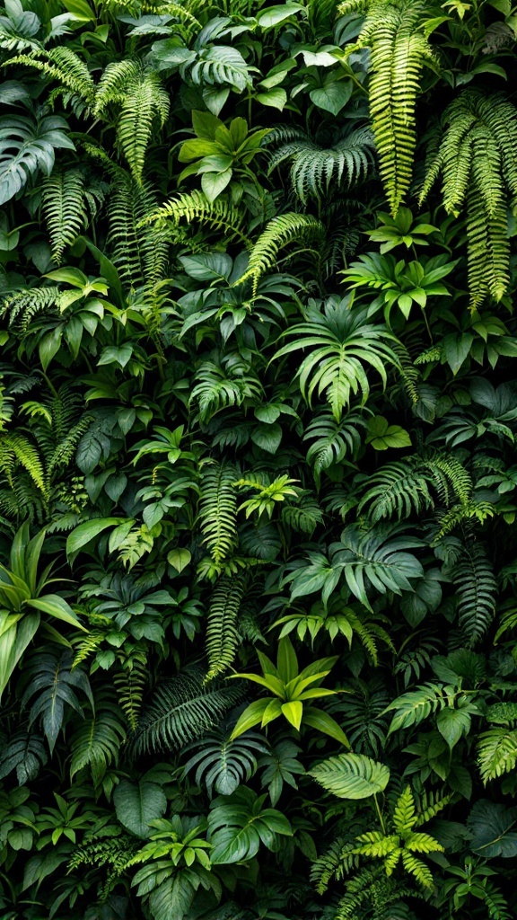 A lush green wall covered with various ferns and plants.