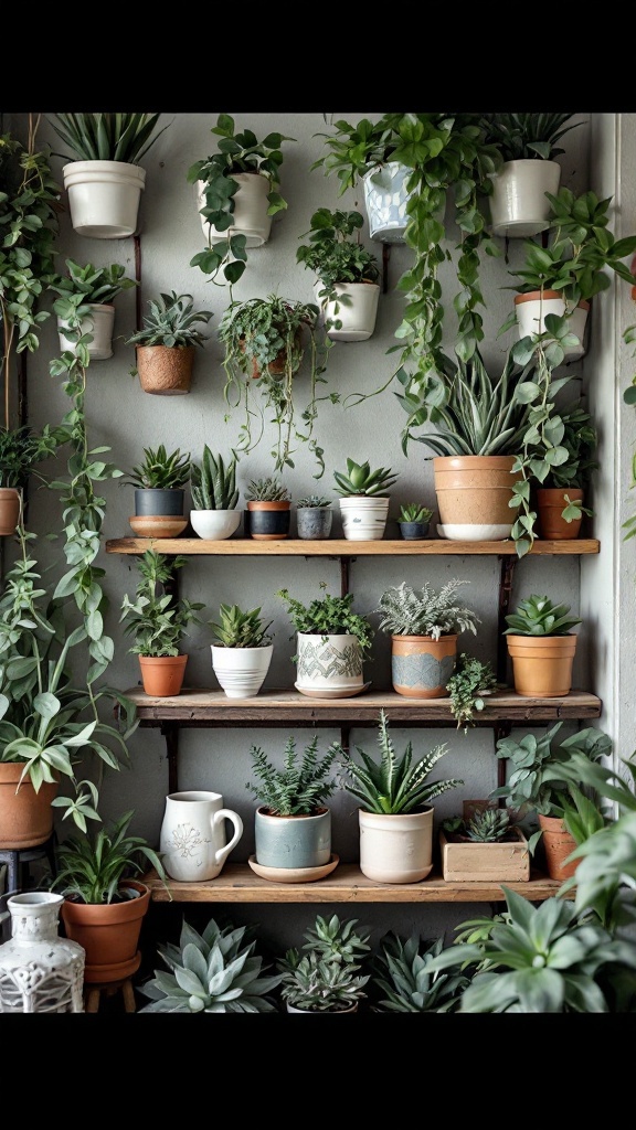 A charming collection of potted plants including succulents and hanging greenery on shelves.