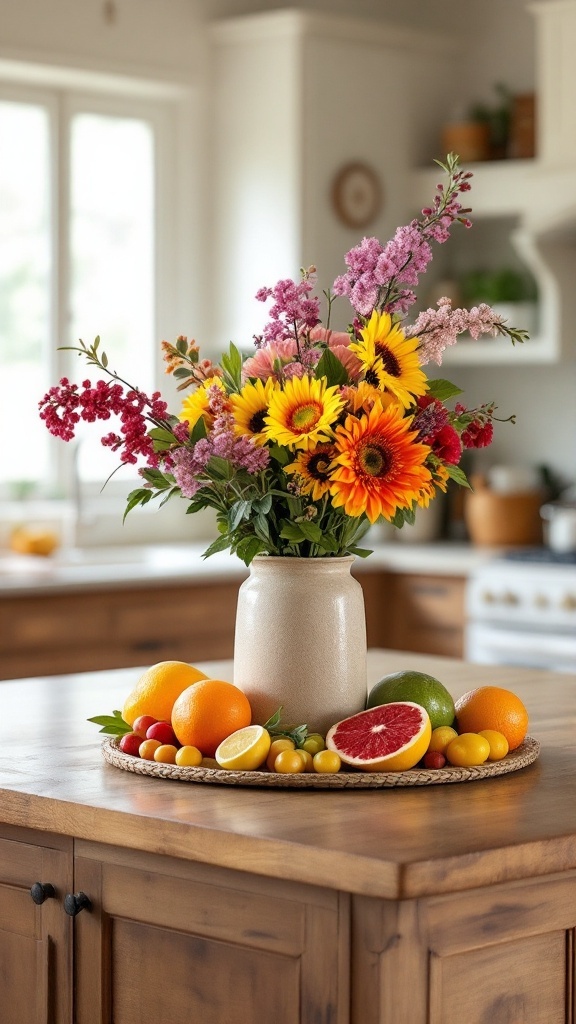 A kitchen island styled with a flower vase and a variety of fruits.