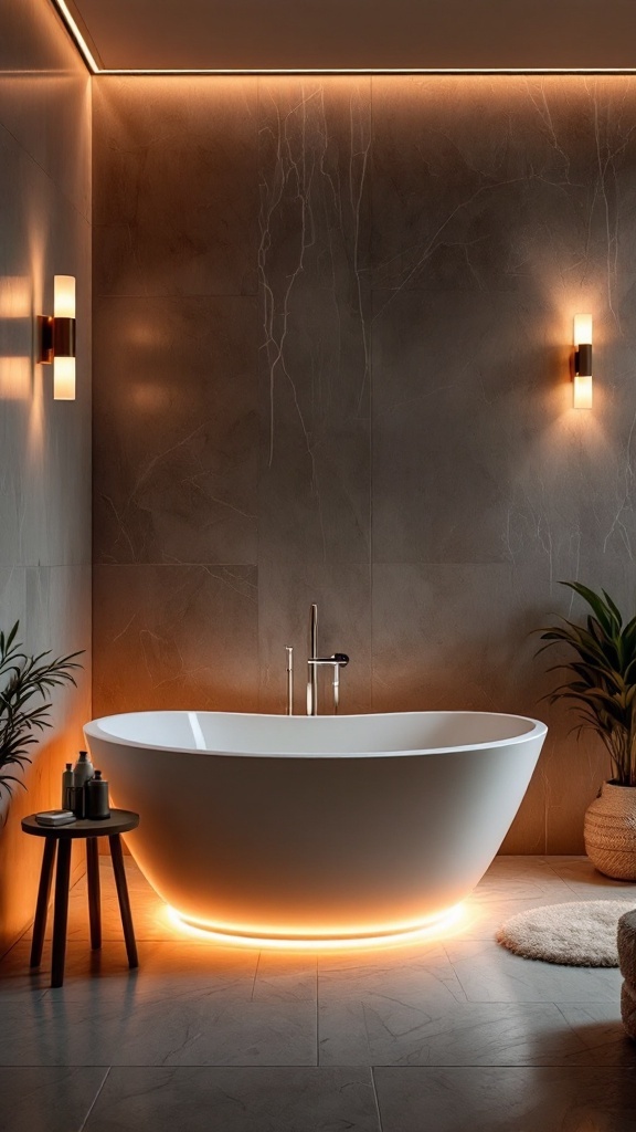 Cozy wet room bathroom with tub and creative lighting