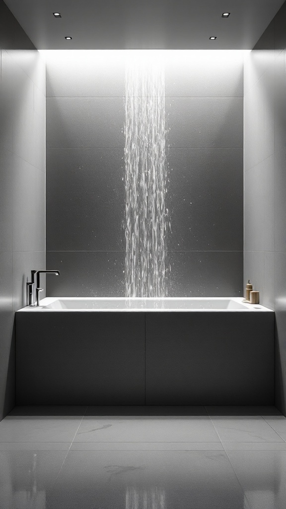 A modern wet room bathroom featuring a sleek tub and an overhead shower.