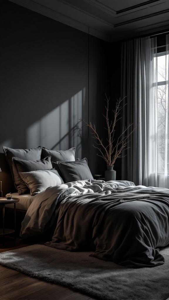 A cozy bedroom with dark walls and soft bedding, showcasing a moody atmosphere.