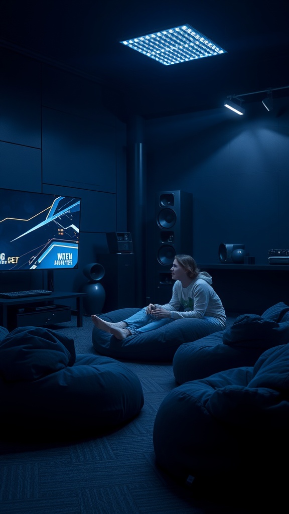 A cozy gaming room with bean bags, dim lighting, and a TV displaying a gaming screen.