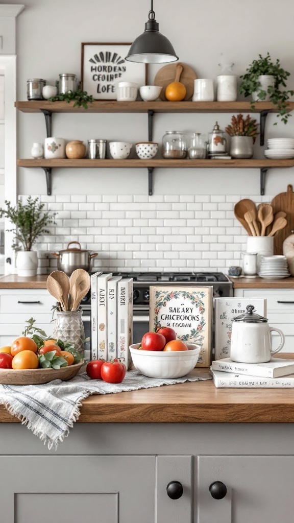 A kitchen island styled with decorative cookbooks, fruits, and utensils.