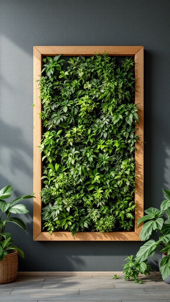 A lush green plant wall framed in wood, showcasing a variety of plants.