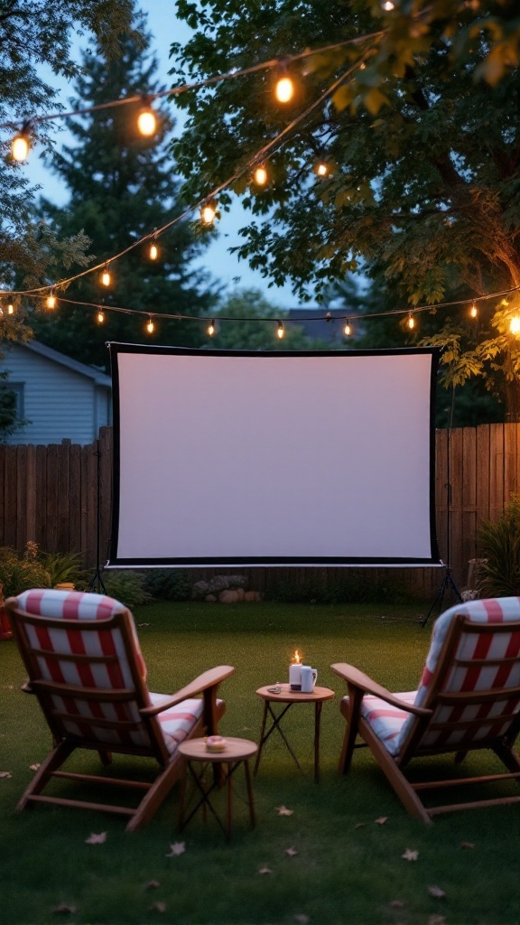 Backyard setup with a projector screen and cozy chairs under string lights