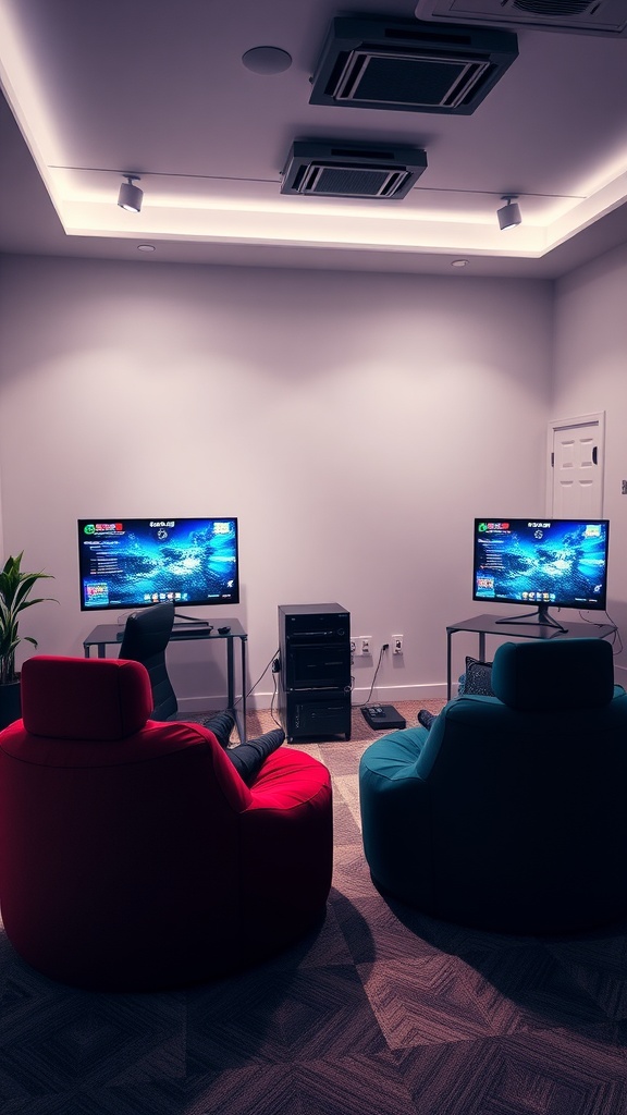 A cozy gaming room with two bean bags facing two televisions, creating a shared space for gaming.