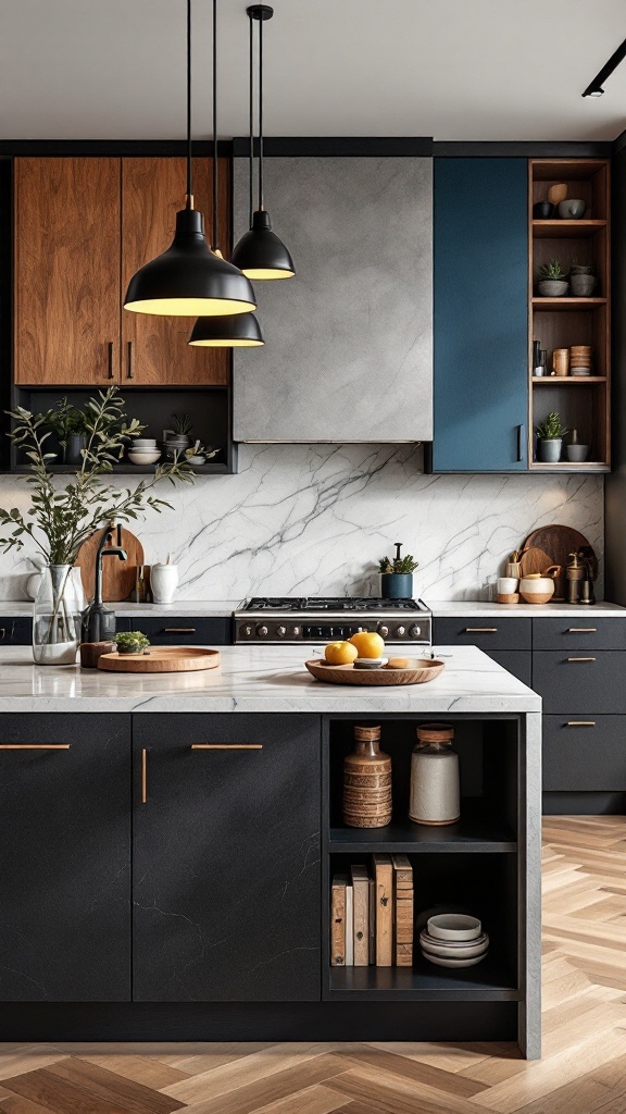 A modern kitchen featuring dark cabinetry, a light marble countertop, and contrasting colorful elements.