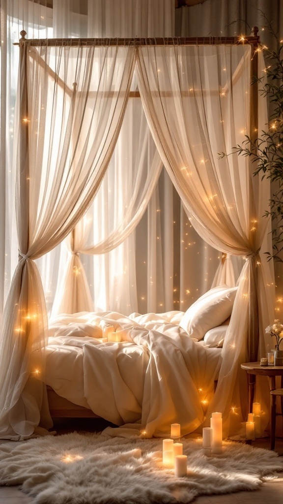 A cozy bedroom featuring a dreamy canopy bed with soft drapes and glowing lights.