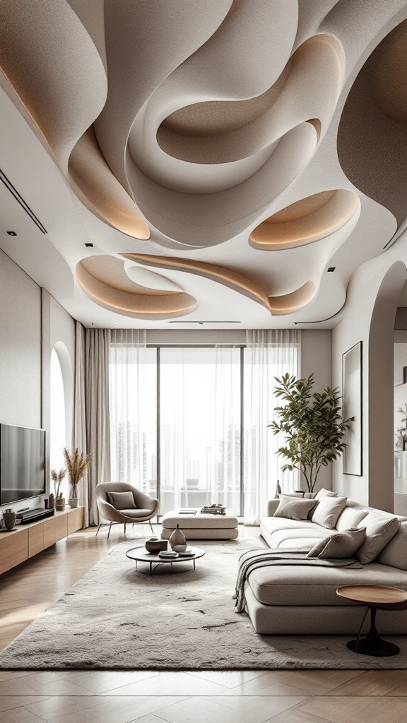 A modern living room featuring a dynamic layered ceiling with flowing shapes and integrated lighting.