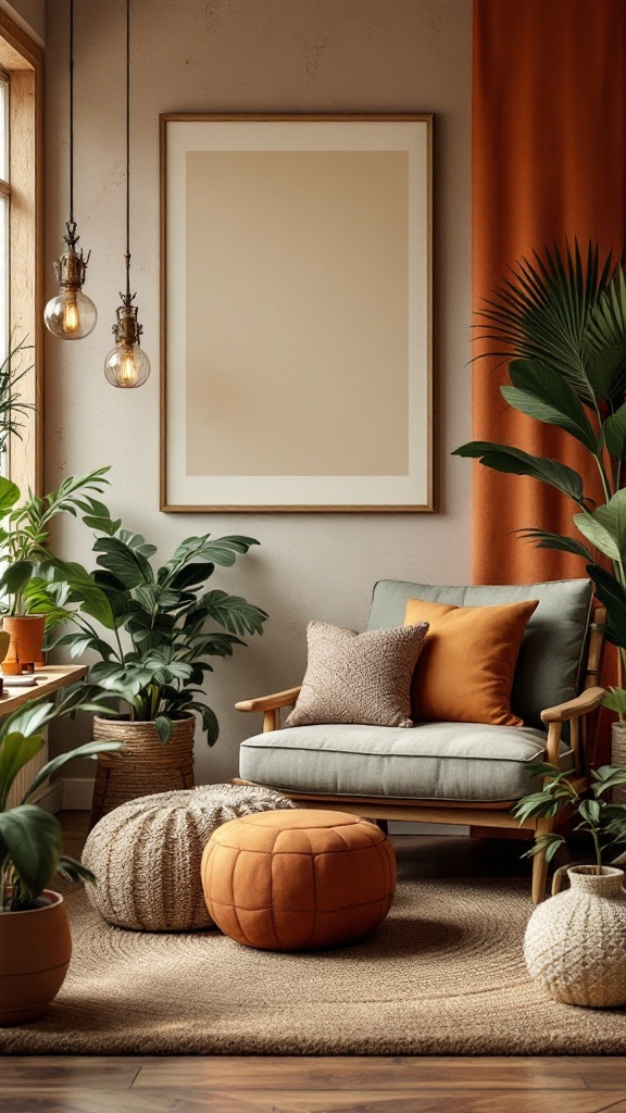 A cozy living room with earthy color accents, featuring plants, cushions, and a warm atmosphere.