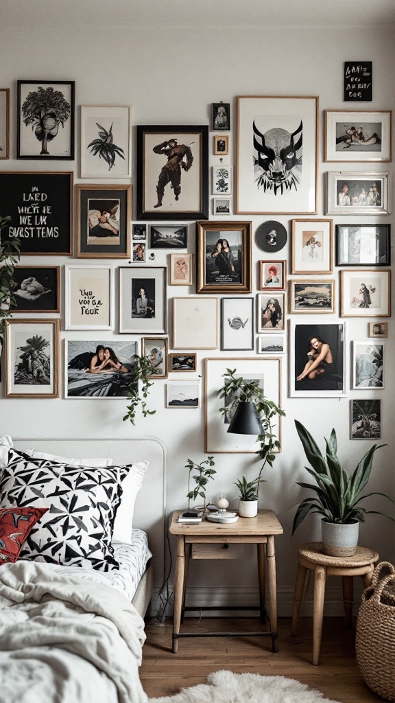 A stylish bedroom featuring an eclectic gallery wall with various art pieces and plants.