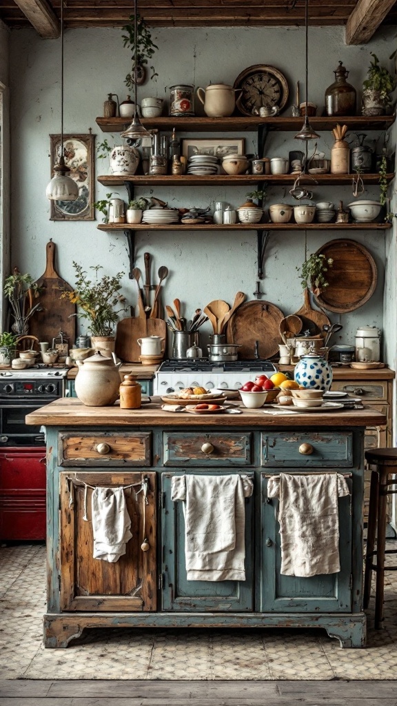 A cozy kitchen island featuring a mix of vintage jars, handmade pottery, and fresh herbs, creating an eclectic and welcoming atmosphere.