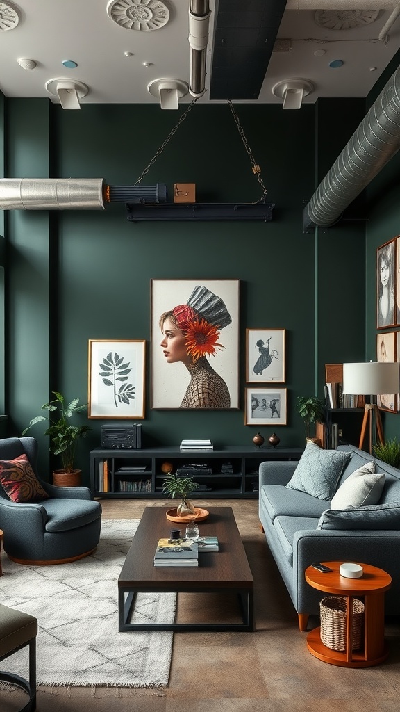 A cozy urban loft living room with dark green walls, featuring eclectic decor and stylish furniture.