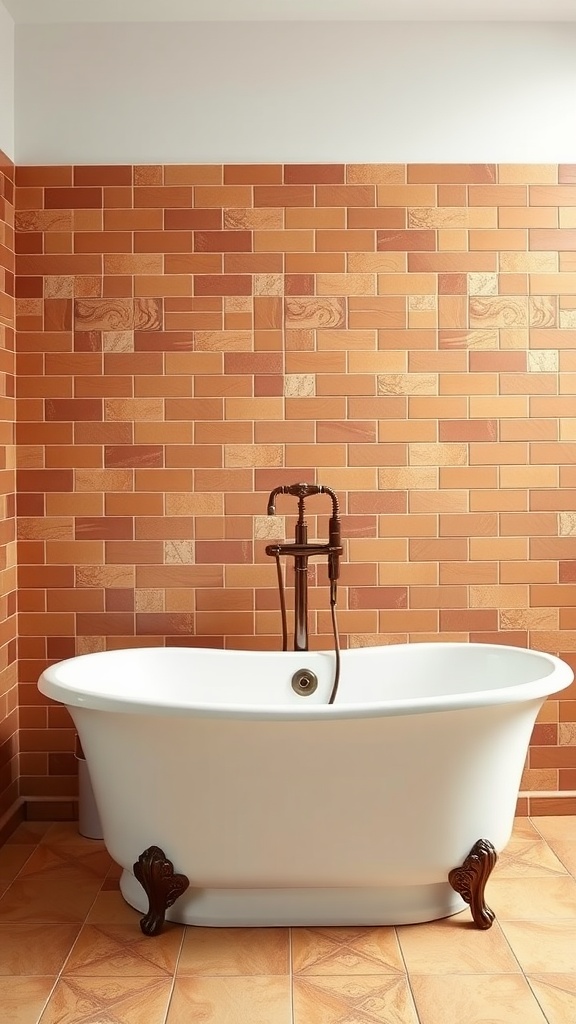 A white elegant bathtub surrounded by terracotta tiles in a bathroom