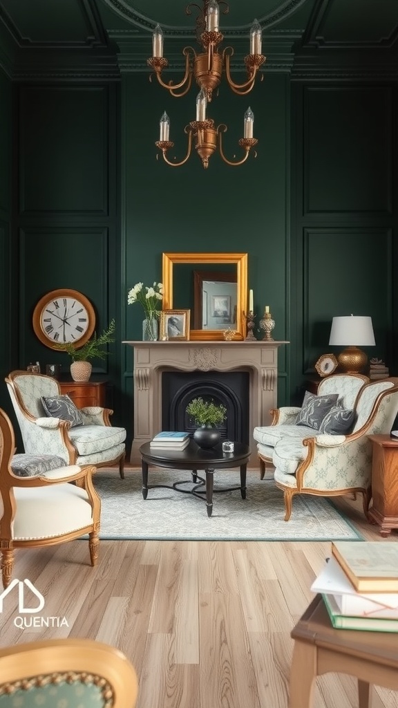 Elegant French country living room with dark green walls, classic furniture, and stylish chandelier.