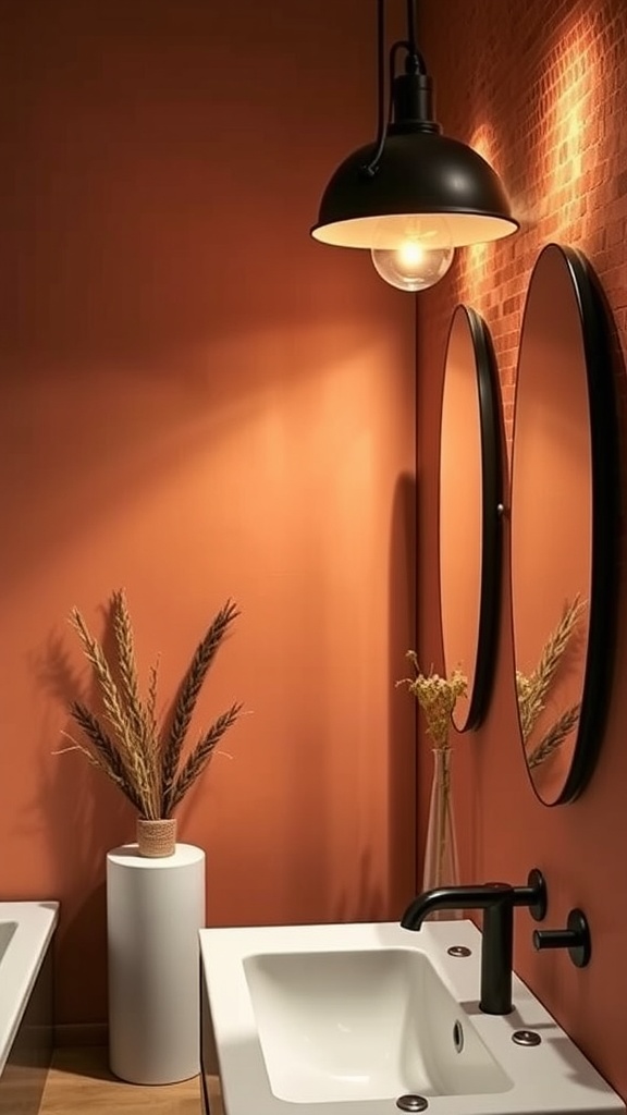 A bathroom featuring terracotta walls, matte black lighting fixture, and a simple sink design.