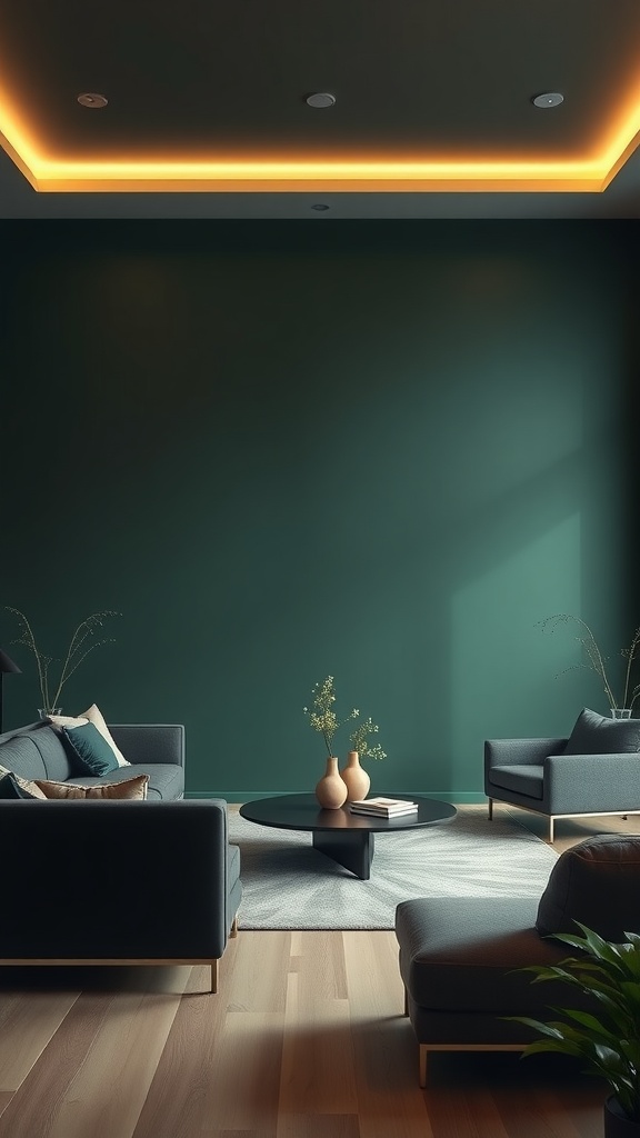 Elegant modern living room featuring a dark green accent wall and stylish furniture.