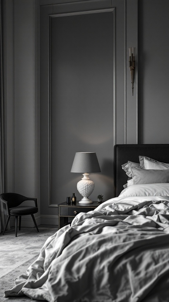 Elegant monochrome bedroom design featuring grey tones with a cozy bed and stylish lamp.