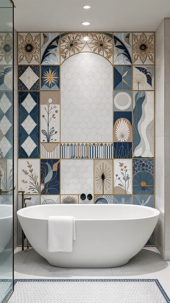 A stylish wet room bathroom featuring an elegant mosaic tile wall behind a modern bathtub.