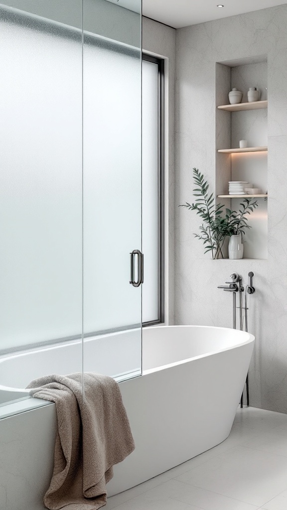 A modern wet room bathroom featuring a freestanding tub, frosted glass shower panel, and minimalist decor.