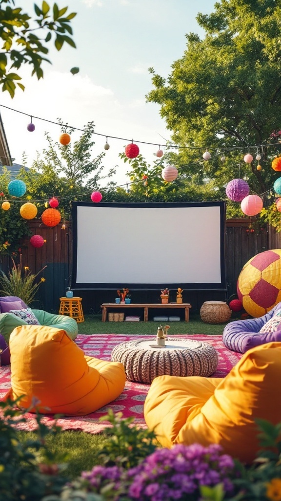 Backyard movie setup with bean bags, screen, and colorful lanterns.