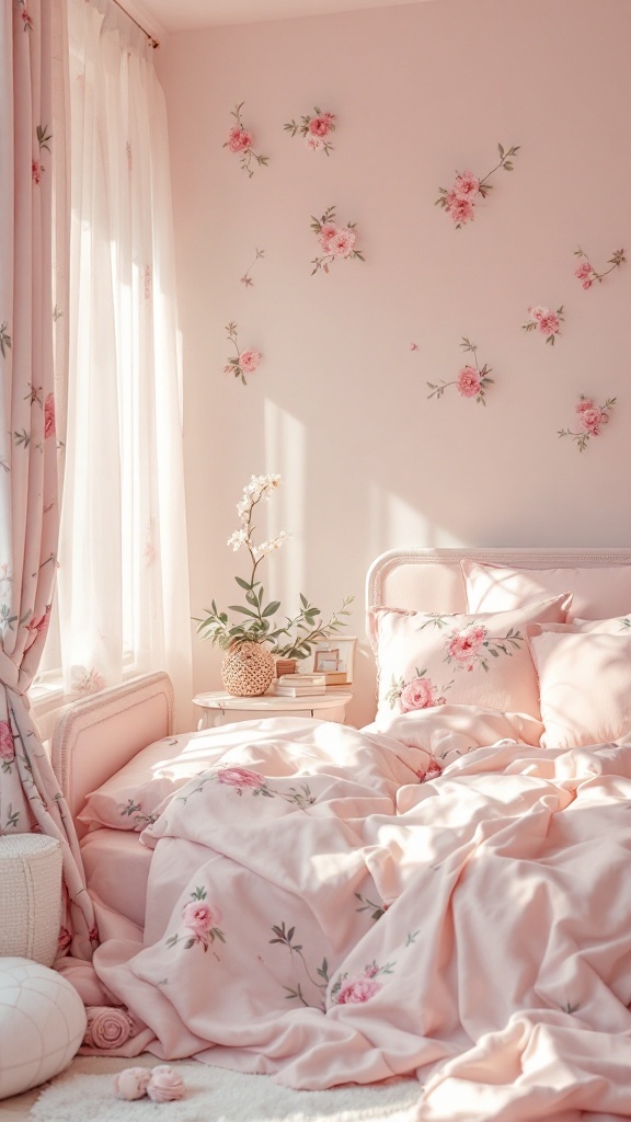 A cozy bedroom with pastel colors, floral bedding, and soft curtains.