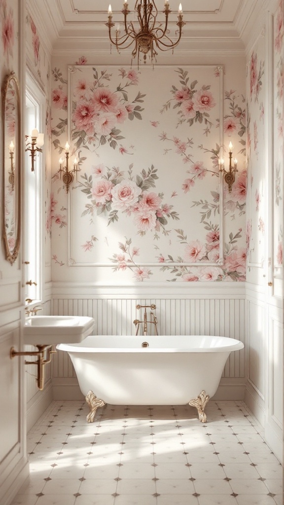 A bathroom featuring floral wallpaper with pink roses, a vintage bathtub, and elegant lighting fixtures.