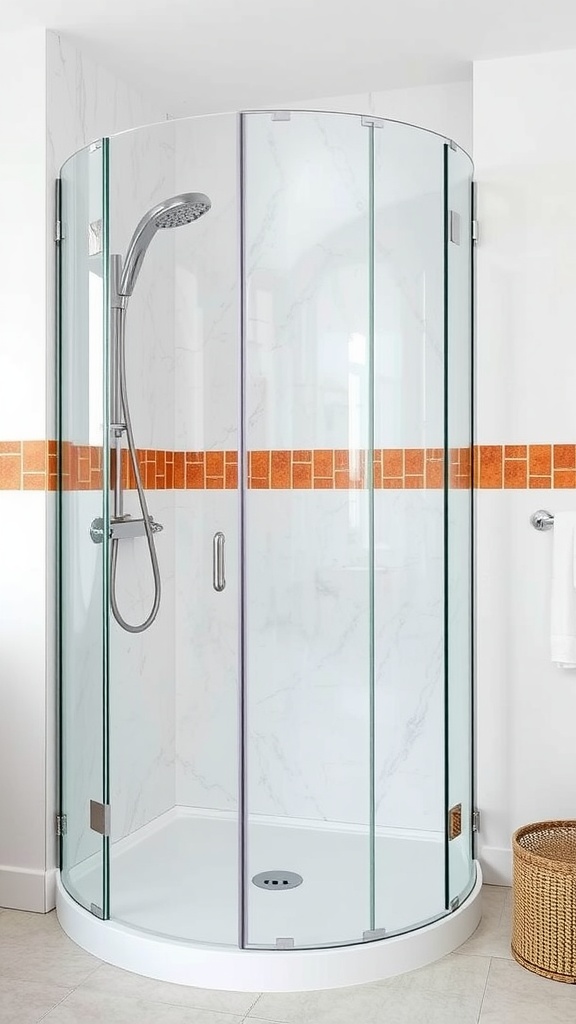 Frameless shower featuring terracotta tile accents.