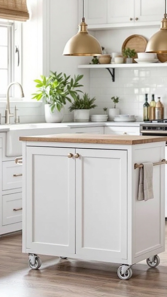 A stylish freestanding kitchen island with a light wood top and white cabinet on wheels