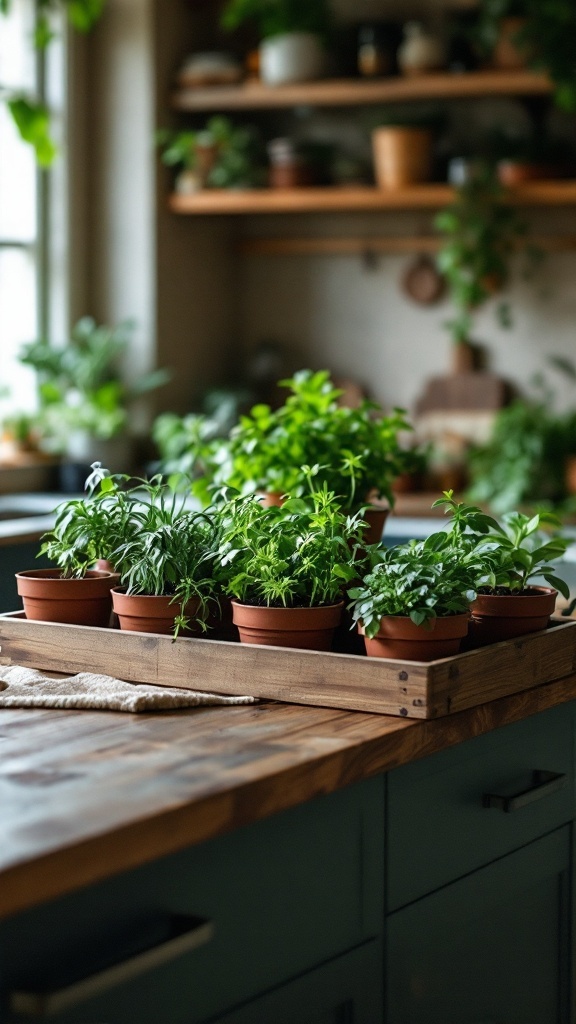 A wooden tray with various potted herbs on a kitchen island.