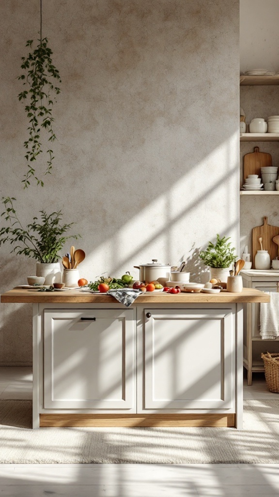 A beautifully styled kitchen island with fresh ingredients and cooking tools.