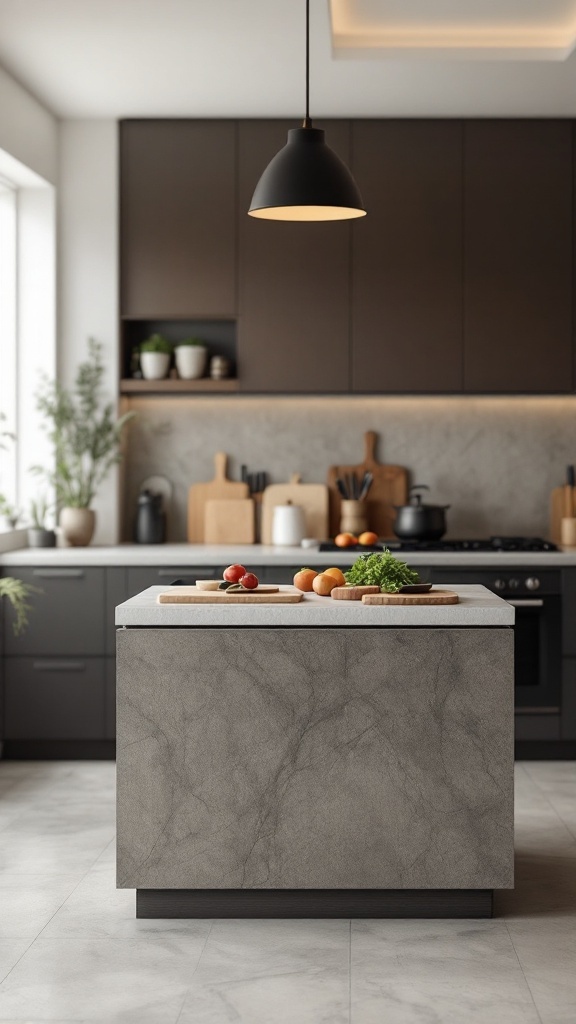 A modern kitchen island with fresh vegetables and fruits, showcasing a functional food prep area.