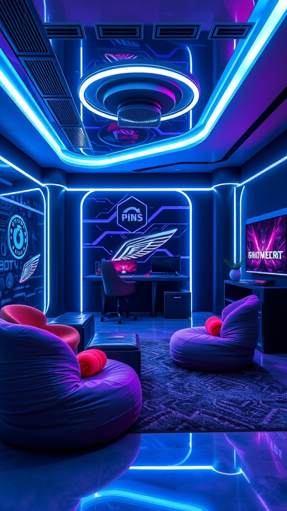 A futuristic gaming room featuring sleek design, colorful lighting, and bean bags.