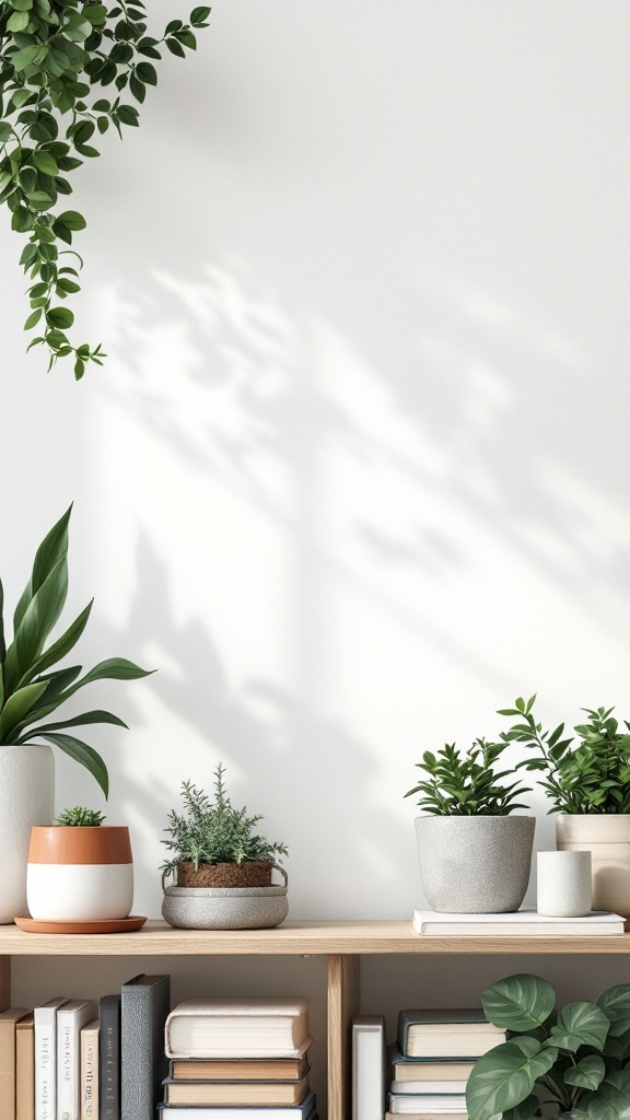 A bookshelf with plants and books, creating a garden-themed decor.