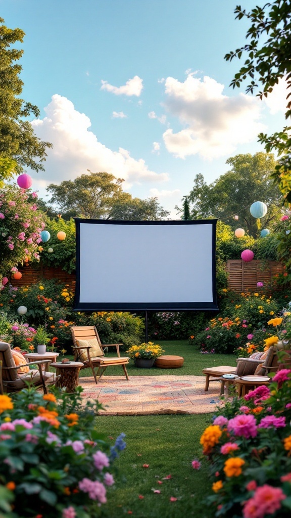 Backyard cinema setup with a movie screen surrounded by flowers and seating