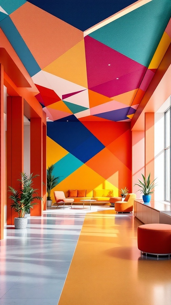 Colorful geometric ceiling design in a modern living space with orange and blue tones.