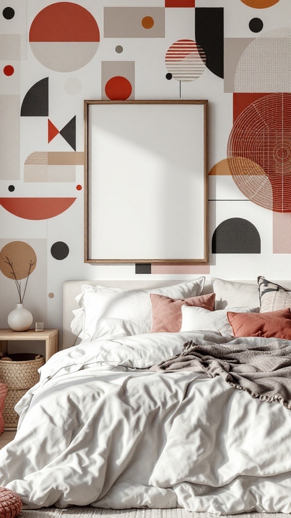 A bedroom featuring a geometric patterned wall with various shapes and colors, complemented by soft bedding.