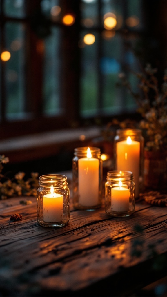 A collection of glass jar candle holders with lit candles on a wooden table, creating a warm and cozy ambiance.