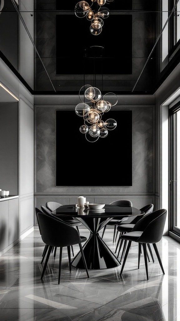 A modern dining area with a glossy black ceiling, stylish lighting, and elegant furniture.