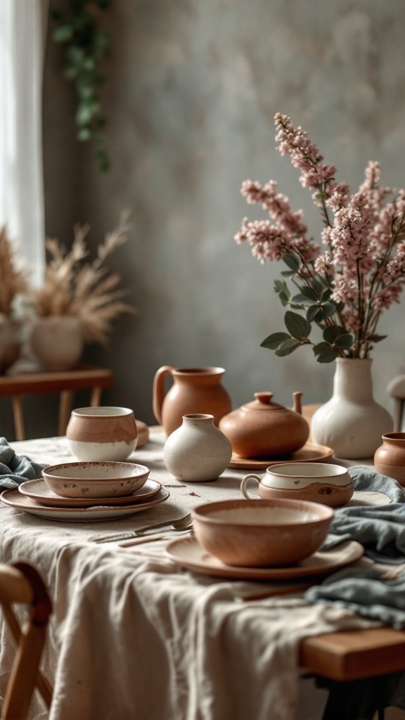 A collection of handmade pottery on a rustic table, featuring bowls, cups, and vases with flowers.